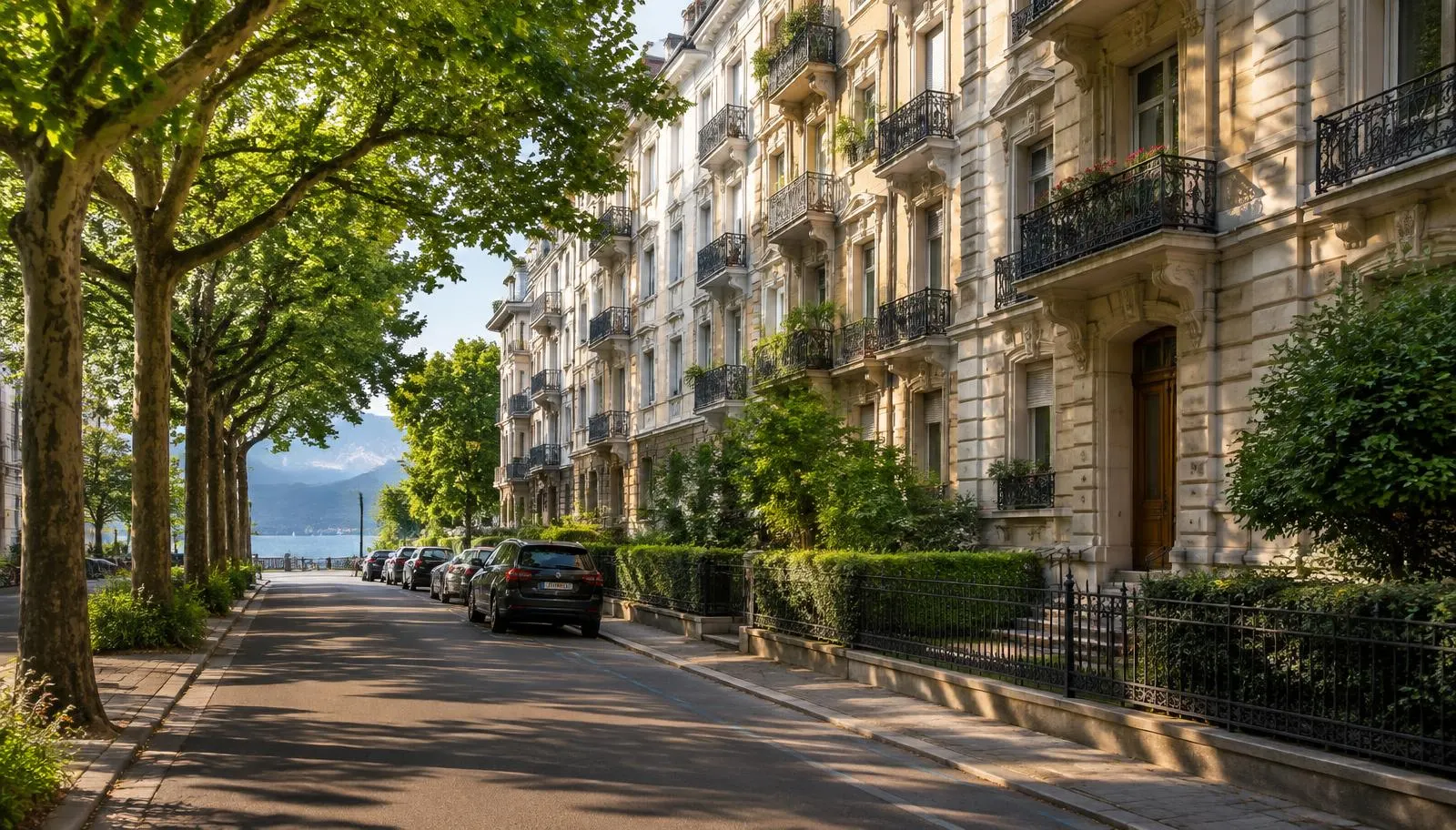 Baumbestandene Quartierstrasse mit Wohnhäusern in Genf