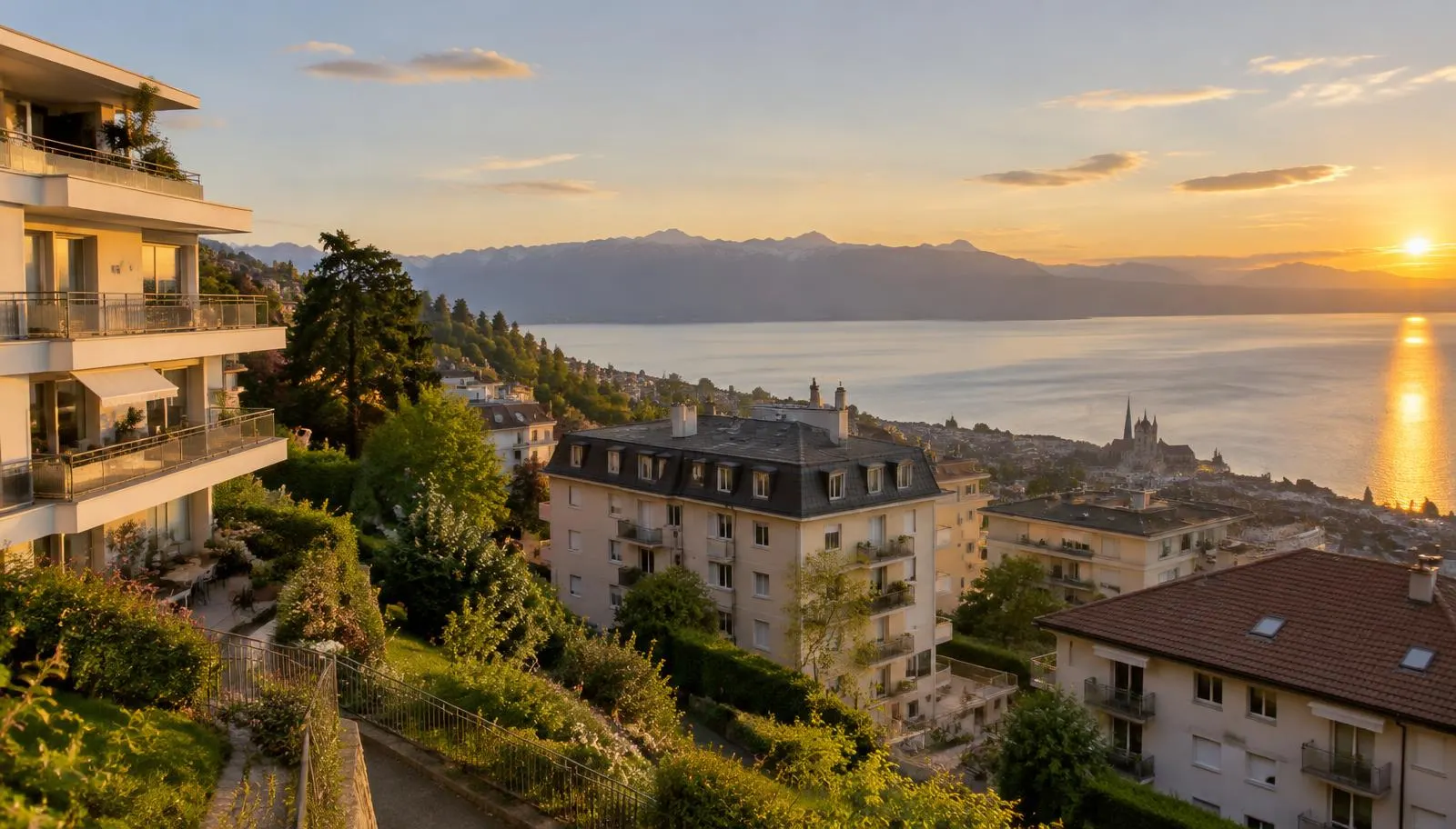 Wohnhäuser am Hang von Lausanne über dem Genfersee