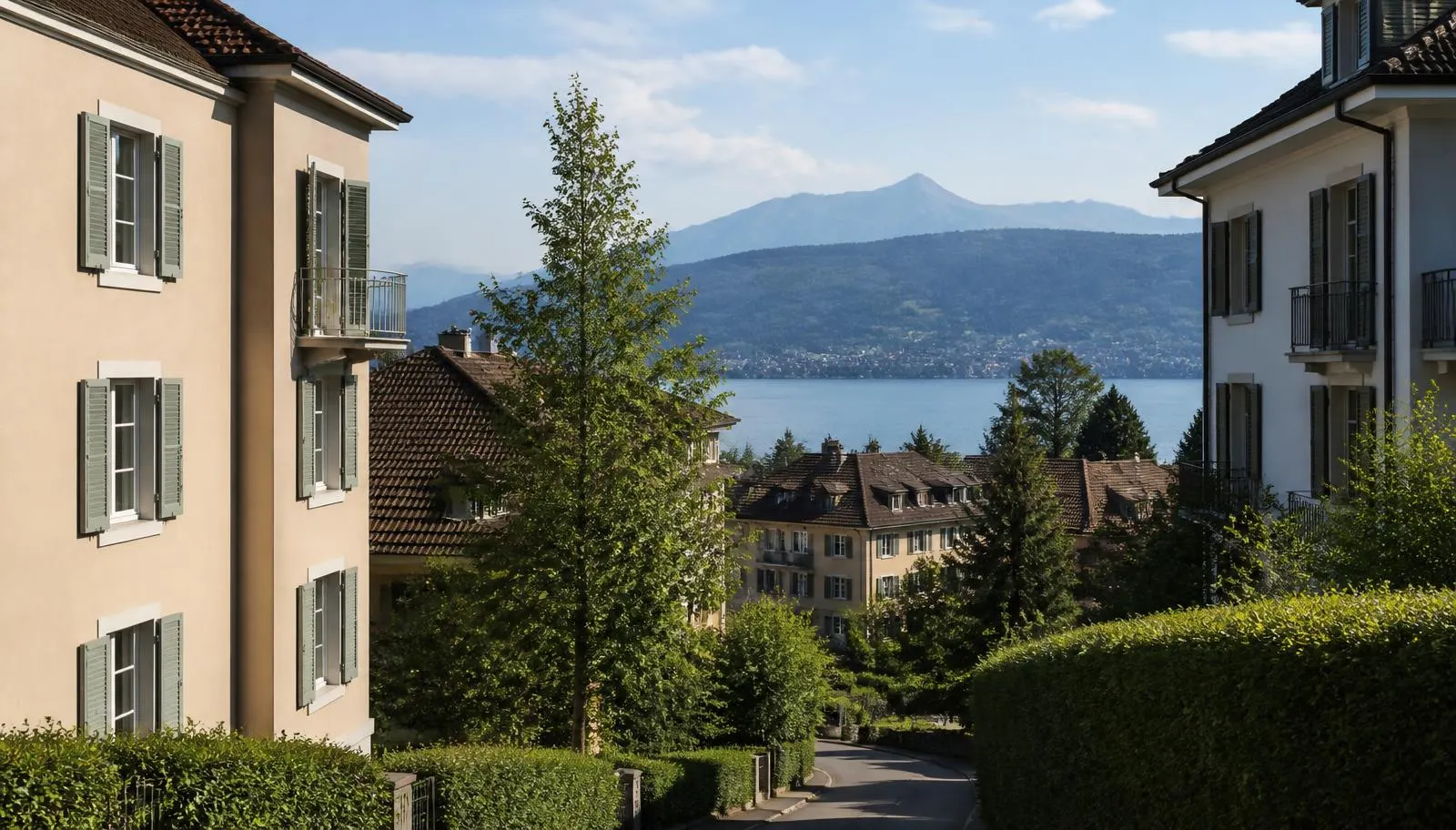 Wohnquartier in Luzern mit Blick auf den See und die Berge