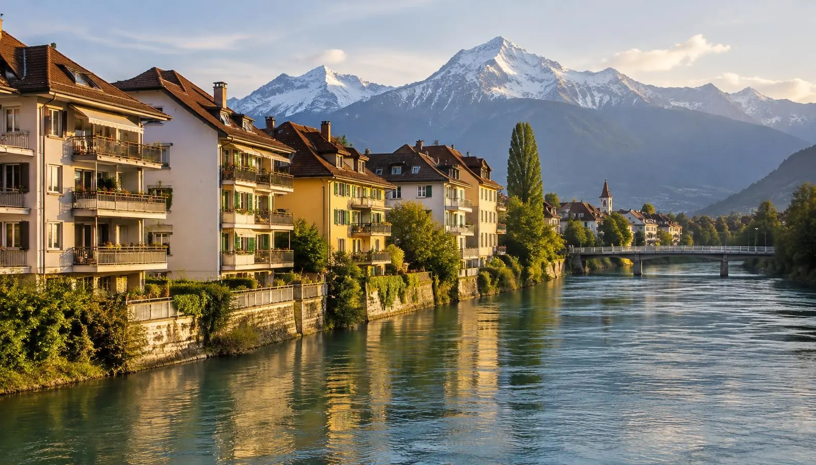 Wohnhäuser an der Aare in Thun mit Bergen im Hintergrund