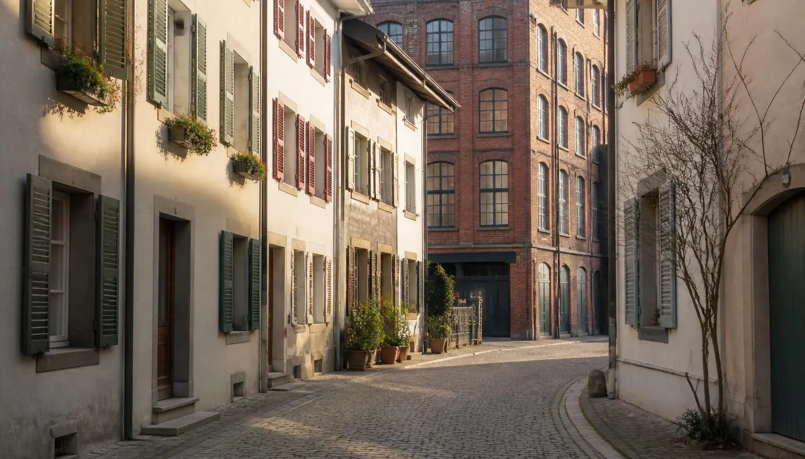 Altstadtgasse in Winterthur mit Wohnhäusern und Backsteinbau des Sulzerareals