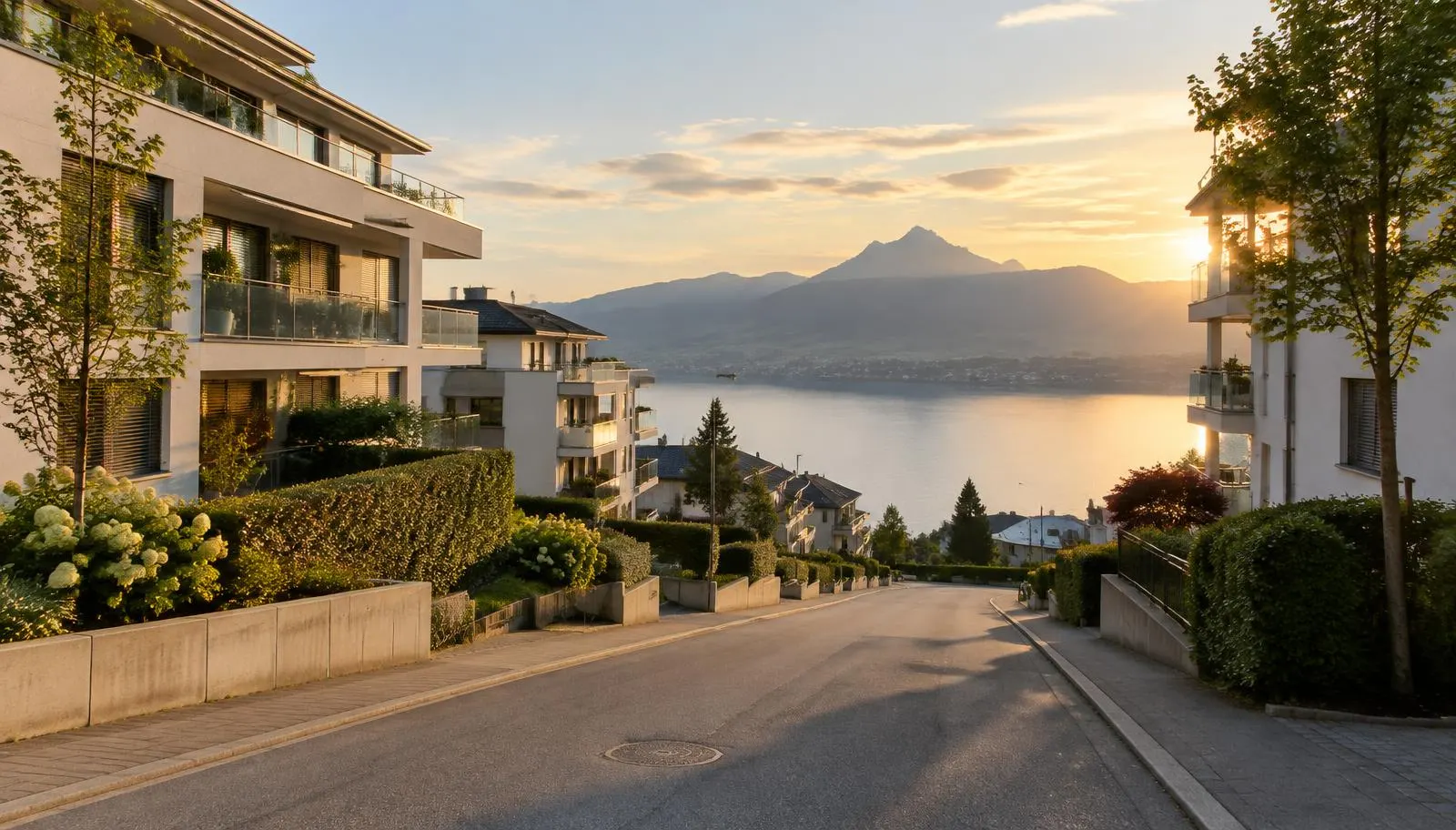 Wohnhäuser an einer Quartierstrasse mit Blick auf den Zugersee